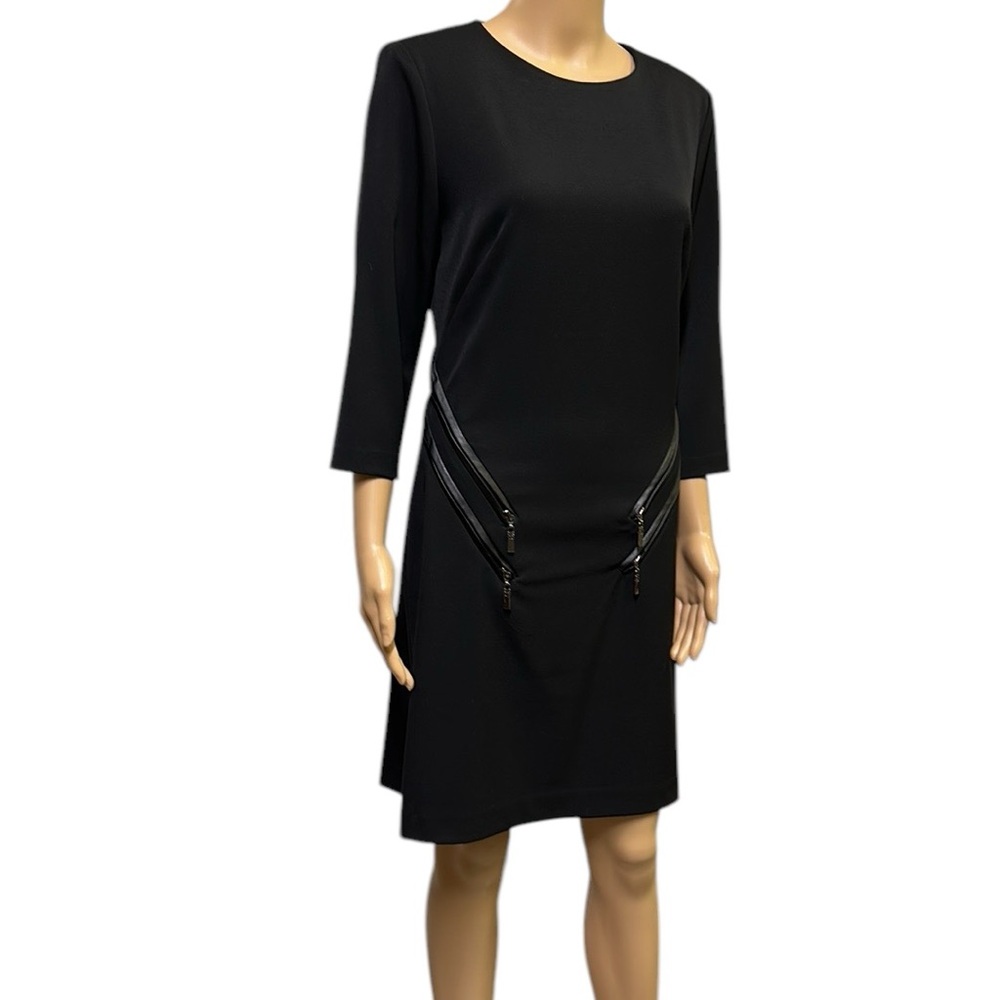 Alberto Makali Black Faux Leather Trim Zipper 3 Quarter Sleeve Dress Womens 6